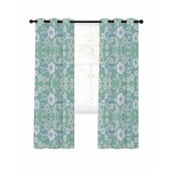 Light Green Blue Floral Blackout Curtains 45 Inches Long for Bedroom, Vintage Pastoral Botanical Thermal Insulated Room Darkening Black Out Window Curtain Panels Grommet Drapes for Living Room