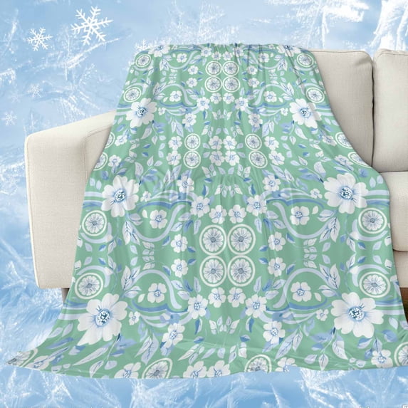 Light Green Blue Floral Cooling Blanket, Lightweight Breathable Summer Throw Blanket with Double Sided Cold Effect,Vintage Pastoral Botanical Picnic Beach Blankets Bed Sheet for Hot Sleepers 40"x60"