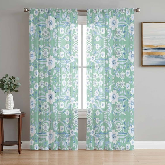 Light Green Blue Floral Sheer Curtains 84 Inch Length 2 Panels Set, Vintage Pastoral Botanical Voile Window Treatment Rod Pocket Curtains Sheers Drapes for Bedroom/Living Room/Kitchen 52"x84"x2