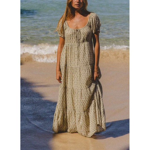 Light Green Boho Maxi Dress With Square Neck, Puff Sleeves, Tiered Flowy