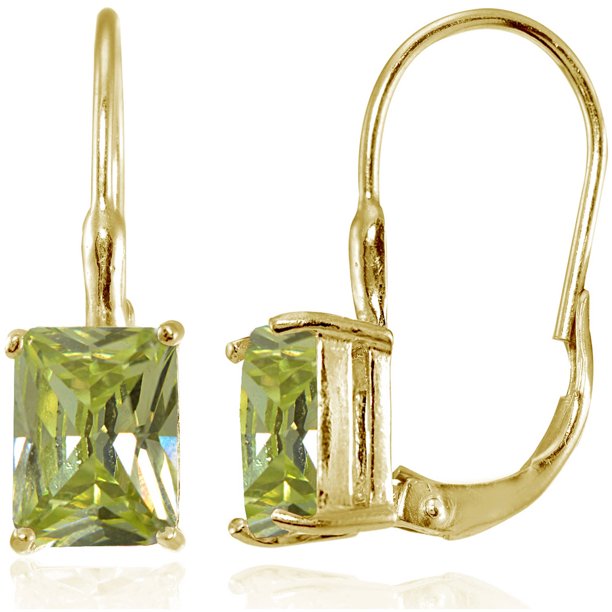 Light Green CZ Yellow Gold Flashed Sterling Silver EmeraldCut Leverback Earrings