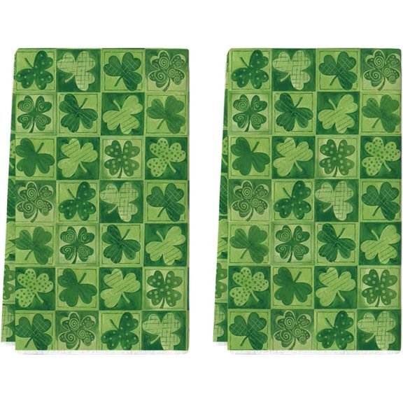 Light Green Checkered Clover Shamrock St.Patrick's Day Kitchen Dish Towels, 18x26 Inch Farmhouse Holiday Spring Decoration Cleaning Set of 2