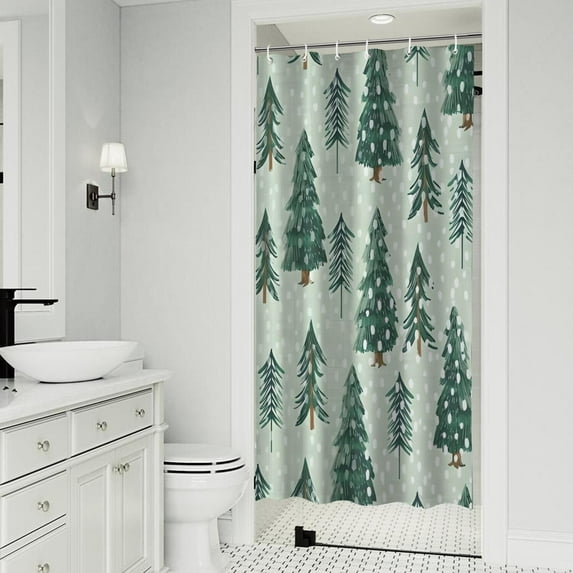 Light Green Christmas Tree and Snow Pattern Shower Curtain 36"x72" ,Bathroom Decorative Shower Curtains Set with 12 Hooks,Modern Waterproof Washable Shower Curtain