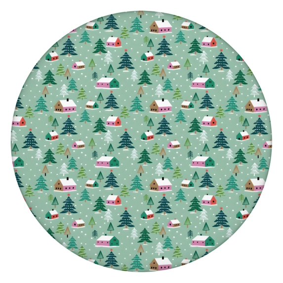 Light Green Christmas Village Pattern Round Fitted Tablecloth with Elastic Edge,Dining Table Cover Waterproof,Outdoor Round Tablecloth for Camping,Dining,Indoor and Outdoor