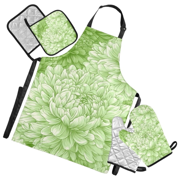 Light Green Chrysanthemums Oven Mitts and Pot Holders with Chef Apron Set 5 Pcs Kitchen Cooking Set