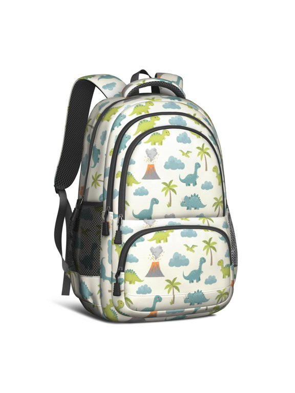 Light Green Dinosaurs Volcanoes Pattern Cute School Backpack Bag with Padded Back and Adjustable Shoulder Straps 16.9 X 12.6 X 5.9 Inches