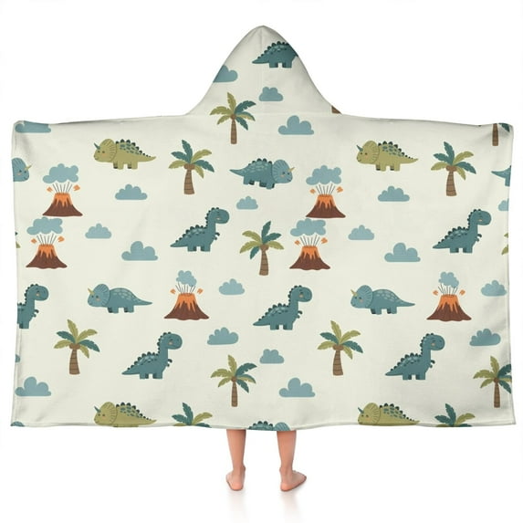 Light Green Dinosaurs Volcanoes Pattern Hooded Bath Towel,50"x30" for Ages 3 To 12 Kids, Quick Dry Lightweight Soft Microfiber Hood Beach Towel Cover Up for Kids