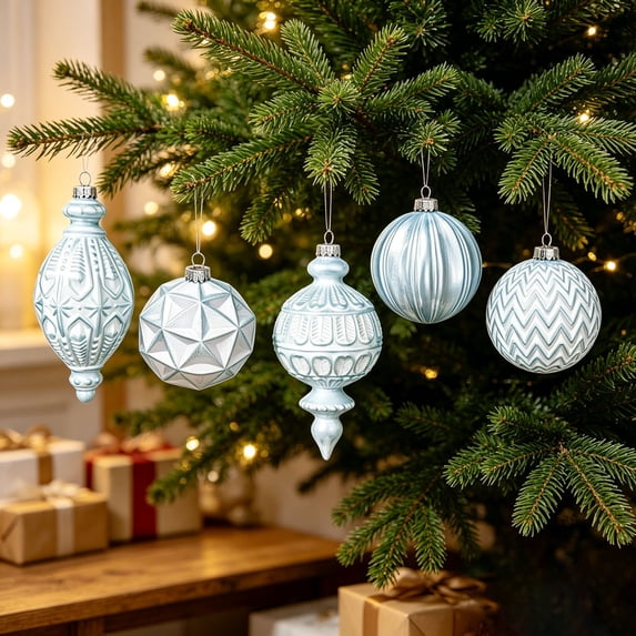 Light Green Embossed Vintage Christmas Ball Ornament Set Shatterproof Hanging Baubles for Xmas Tree Decor