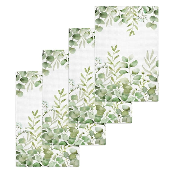 Light Green Eucalyptus Leaves Kitchen Dish Towels for Drying Dishes Set of 4, Watercolor Spring Summer Botanical Waffle Weave Microfiber Hand Tea Bathroom Towels Quick Dry & Absorbent Towel 15.7x23.6
