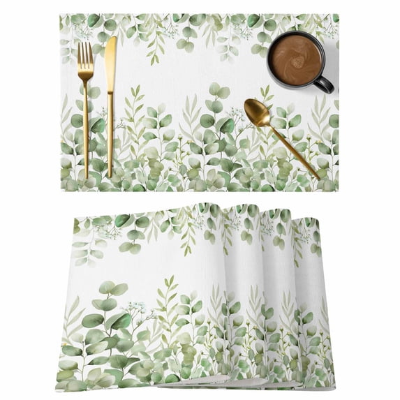 Light Green Eucalyptus Leaves Placemats Set of 6, Watercolor Spring Summer Botanical Placemats for Dining Table, Place Mats for Kitchen Tabletop, Waterproof Wipeable Dining Table Mats Set