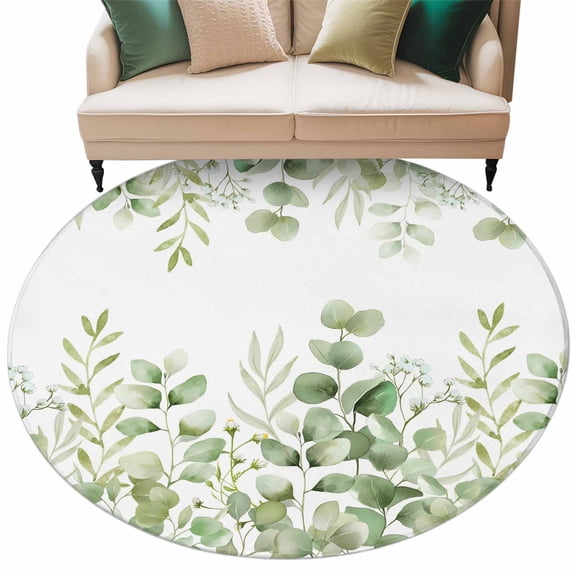 Light Green Eucalyptus Leaves Round Area Rugs Collection 7', Watercolor Spring Summer Botanical Non Slip Indoor Circular Throw Runner Rug Floor Mat Carpet for Living Room Dining Table Bedroom Nursery