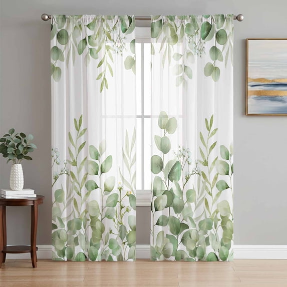 Light Green Eucalyptus Leaves Sheer Curtains 108 Inch Length 2 Panels Set Window Treatments, Watercolor Spring Summer Botanical Rod Pocket Semi Curtains for Living Room/Bedroom/Kitchen, 104"W x 108"L