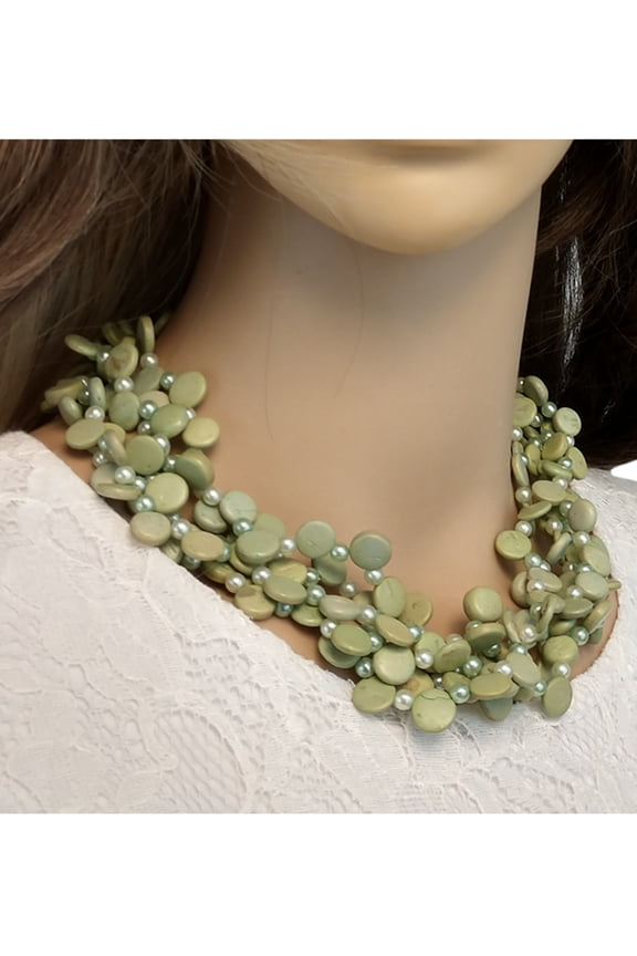 Light Green Faux Pearl Wood Disc Necklace Beaded 5 Strand 18" Ladies Adult Female Women