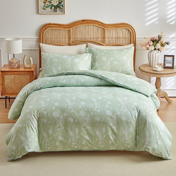Light Green Floral Duvet Cover Full Size 3 Piece Washed Cotton Boho Botanical Bedding Set with Hidden Zipper Closure