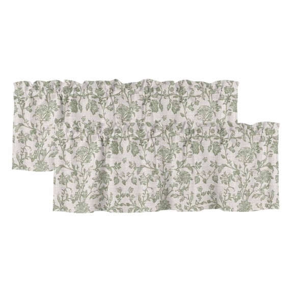 Light Green Floral Window Valance, Retro Farmhouse Botanical Leaf Branch 2 Pack Decorative Curtain for Small Windows, Light Filtering Valance with 3” Rod Pocket, 60"W x 18"L