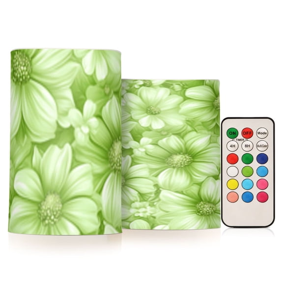 Light Green Flowers Flickering Flameless Candles Battery Operated with Remote Timer LED Pillar Candles Set of 2