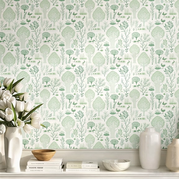 Light Green Forest Bird Pattern Peel and Stick Wallpaper, Rustic Farmhouse Boho Wall Art, Art Print Wall Decor, Whimsical Exquisite Wall Decoration for Bedroom Living Room Apartment Home Decor