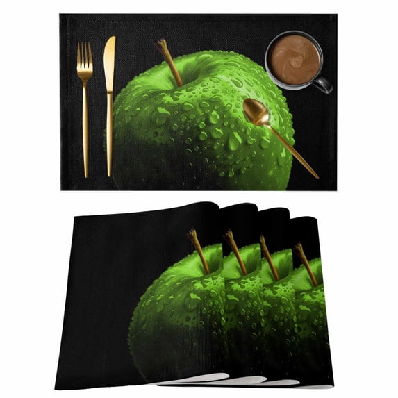 Light Green Fruit Placemats Set of 4, Modern Minimalist Decor Black Background Placemats for Dining Table, Place Mats for Kitchen Tabletop, Waterproof Wipeable Dining Table Mats Set