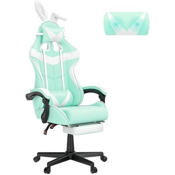 Light Green Gaming Chair with Footrest,Lovely Cute Bunny Computer Gamer Chair,Kawaii Desk Chair for Granddaughter,Sister,Girlfriend,Wife and Love