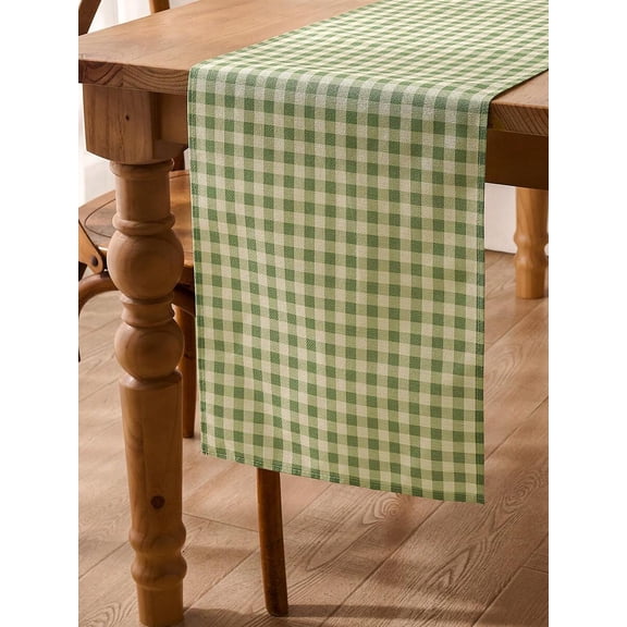 Light Green Gingham Table Runner - Textured Rectangular Linen for Dining Table, Coffee Table & Home Decor