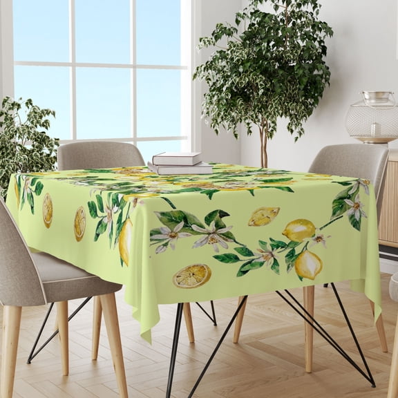 Light Green Leaf Lemon Table Cover, Summer Dining Cloth, Stain Resistant Practical Cover for Daily Summer Holiday Parties