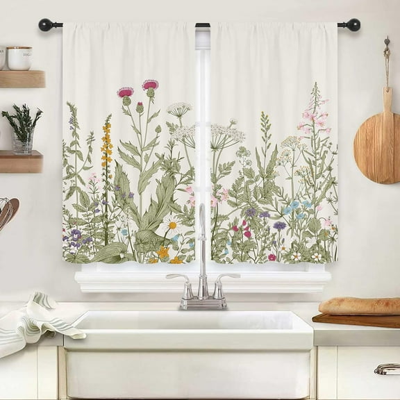 Light Green Leave Plant Small Short Kitchen Curtains Floral Botanical Wildflower Flower Floral Rod Pocket Farmhouse Cafe Curtains Herb Vintage Cute Bedroom Living Room Treatment Fabric