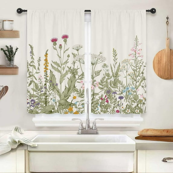 Light Green Leave Plant Small Short Kitchen Curtains Floral Botanical Wildflower Flower Floral Rod Pocket Farmhouse Cafe Curtains Herb Vintage Cute Bedroom Living Room Treatment Fabric