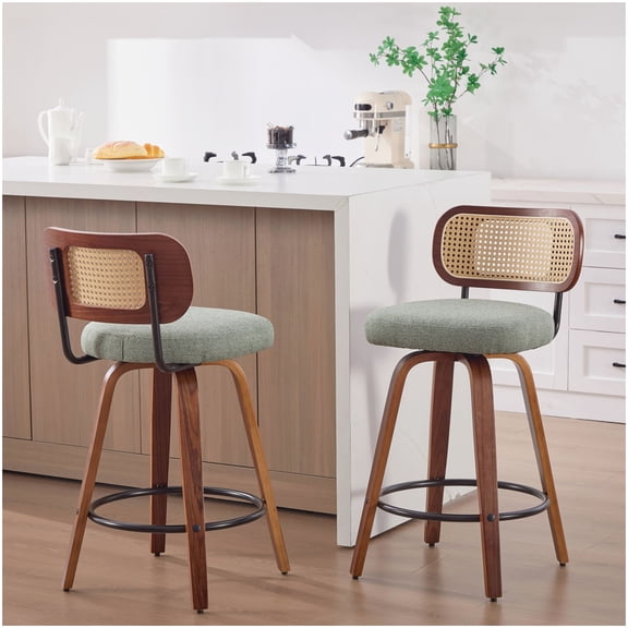 Light Green Linen Swivel Stools Set of 2 with Rattan Back, Walnut Legs for Kitchen Island Bar