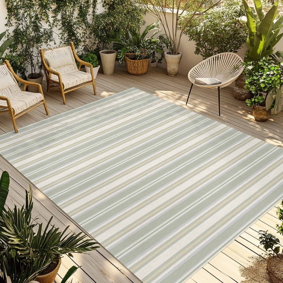 Light Green Lines Outdoor Rug 5x8 Ft - Reversible Patio Rug Outdoor Camping Rugs, Retro Minimalist Stripes Pattern Washable Indoor Outdoor Area Rugs, Non-Slip Outdoor Carpet Runner for Deck/Porch