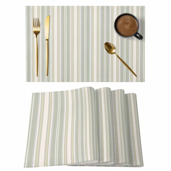 Light Green Lines Placemats Set of 4, Retro Minimalist Stripes Pattern Placemats for Dining Table, Place Mats for Kitchen Tabletop, Waterproof Wipeable Dining Table Mats Set