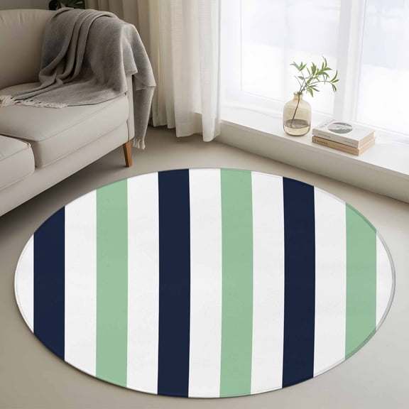 Light Green Navy Blue Striped Round Area Rug 4ft, Farmhouse Stripe Art Washable Non-Slip Circle Rugs for Bedroom Living Room Kitchen, Soft Non Shedding Circle Carpet for Dining Room Dorm