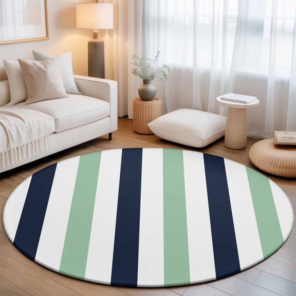 Light Green Navy Blue Striped Round Area Rug 6 FT, Non Slip Bedroom Area Rug, Farmhouse Stripe Art Washable Soft Circular Carpet Non-Shedding Floor Mat for Kitchen Dining Room Home Office Kids Room