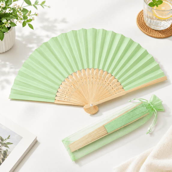 Light Green Paper Folding Hand Fans with Organza Bags, 50 Count for ...