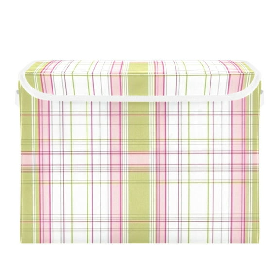Light Green Pink Line Large Storage Bins with Linen Collapsible Lid Storage Box 16.7 x 12.6 x 11.8in