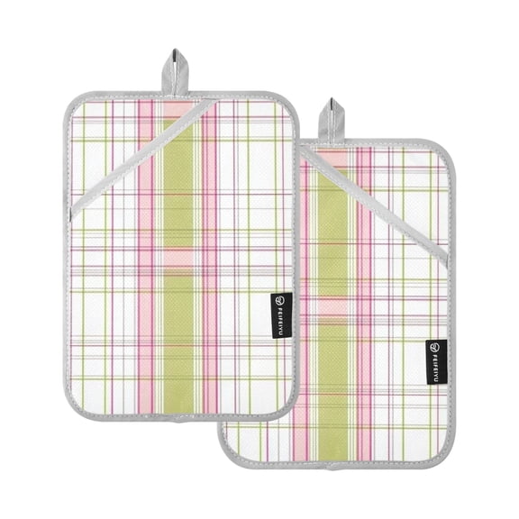 Light Green Pink Line Oven Mitts Pot Holders 2 pcs Heat Resistant for Kitchen Baking Grilling