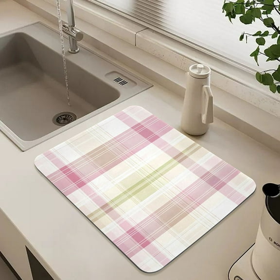 Light Green Pink Lines Dish Drying Mat for Kitchen Counter Absorbent Drainer Mats (15.7X11.8inch)