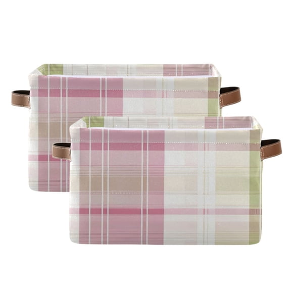 Light Green Pink Lines Square Storage Bins with Handles Collapsible Containing Box 2 Packs
