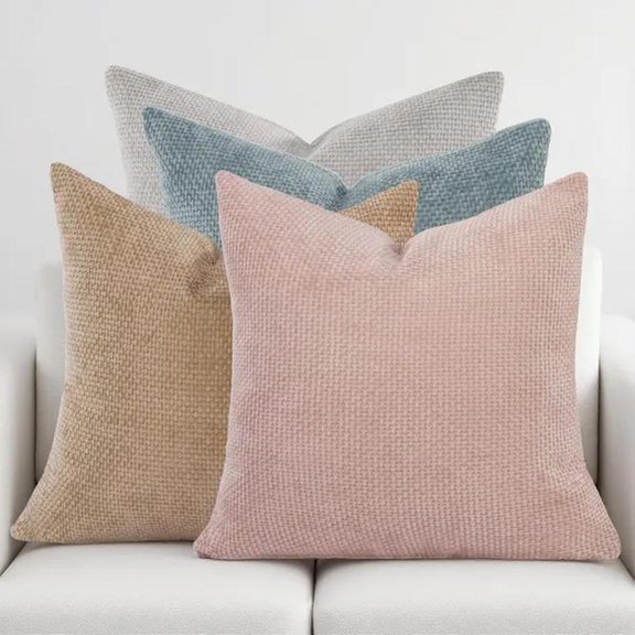 Light Green/Pink Throw Pillow Covers Set of 4, Boho Soft Chenille Throw Pillow Cases, Solid Textured Square Cushion Cases for Sofa Living Room Bedroom Farmhouse Home Decor
