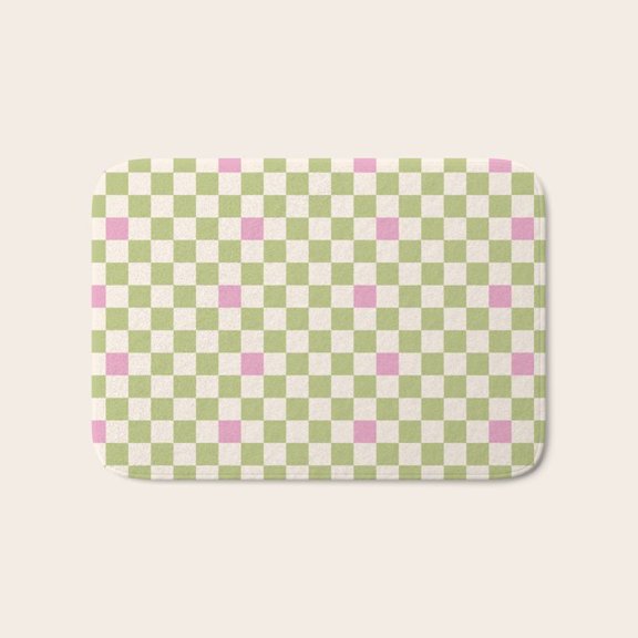 Light Green, Pink and Off-White Checkerboard Door Mat with Non-Slip Backing