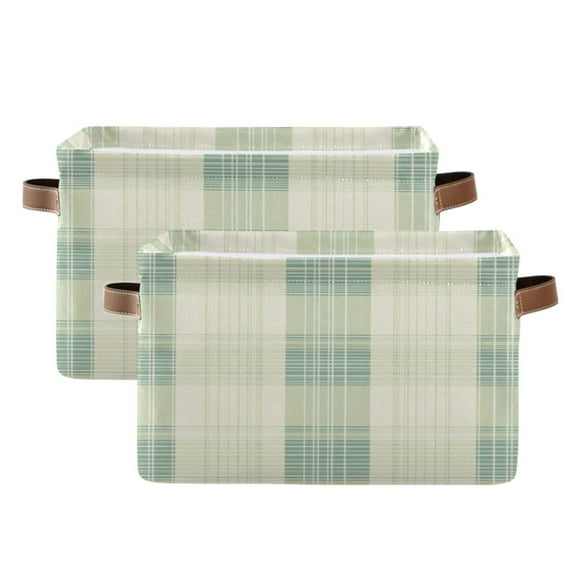 Light Green Plaid Foldable Storage Basket,Canvas Fabric Foldable Storage Bins with Handles Open Home Storage Bins Boxes for Toy Book Shelf Closet Baskets
