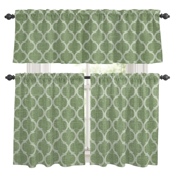 Light Green Plaid Kitchen Curtains Set for Windows, Retro Country Moroccan National Geometrical Plaid Curtains Valance and Tier 3 Piece Set Small Drapes 36 Inch Length for Kitchen Bedroom Decor