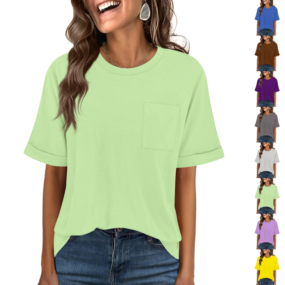 Casual Loose Fit Tops for Women 2026 Spring Summer Rolled Cuff Short Sleeve Crew Neck Blouses with Pocket Light Green S