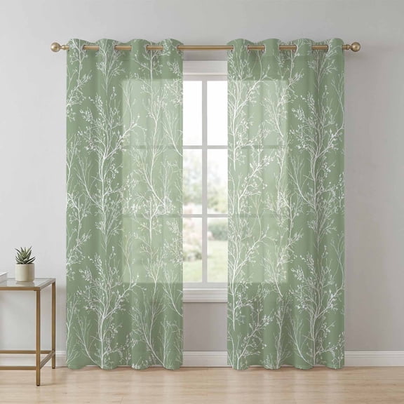 Light Green Sheer Curtains 63 Inch Long 2 Panels, White Tree Branch Botanical Abstract Plant Leaves Light Filtering Semi Sheer Drapes Grommet Voile Window Curtain for Living Bedroom W42 x L63