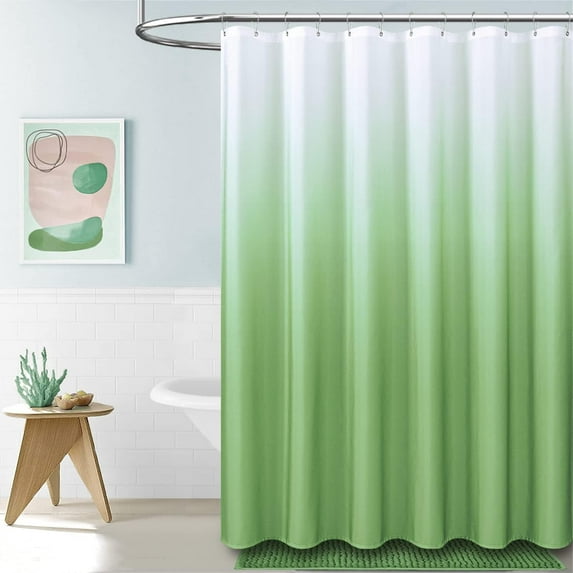 Light Green Shower Curtain - Ombre Linen Textured Heavy Duty Fabric Shower Curtain Set with Plastic Hooks, Hotel Spa Luxury Neutral Cloth Shower Curtains for Bathroom - Water Repellent - 72x72