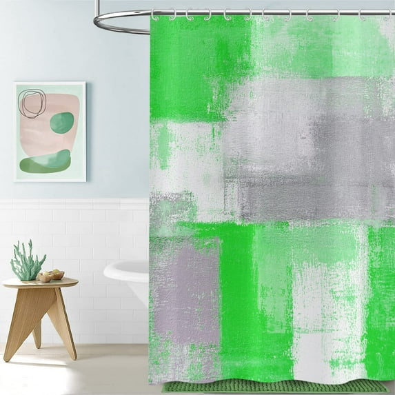 Light Green Shower Curtain, Watercolor Light Green Contemporary Brush Strokes Oil Painting Abstract Geometric Bathroom Curtain Bathtub Decor Waterproof Fabric with 12 Hooks
