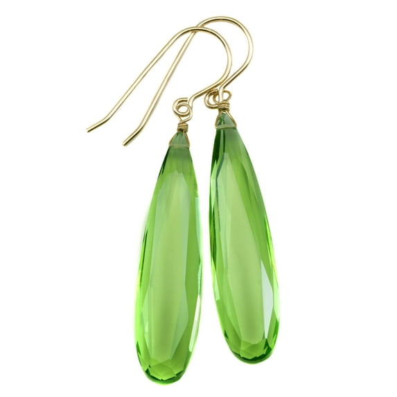 Light Green Simulated Peridot Earrings Long Faceted Teardrops 2 Inch 14k Yellow Gold Drops Spyglass Designs