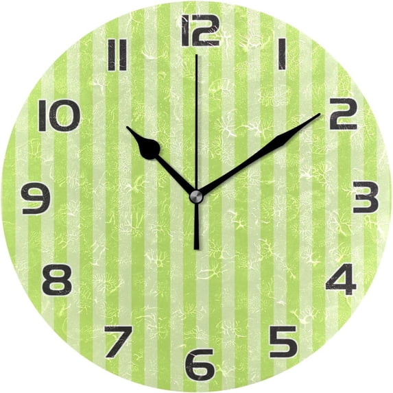 Light Green Stripes Wall Clock Round Vintage Silent Non Ticking Battery Operated Accurate Arabic Numerals Design for Home Kitchen Living Room Bedroom Inch