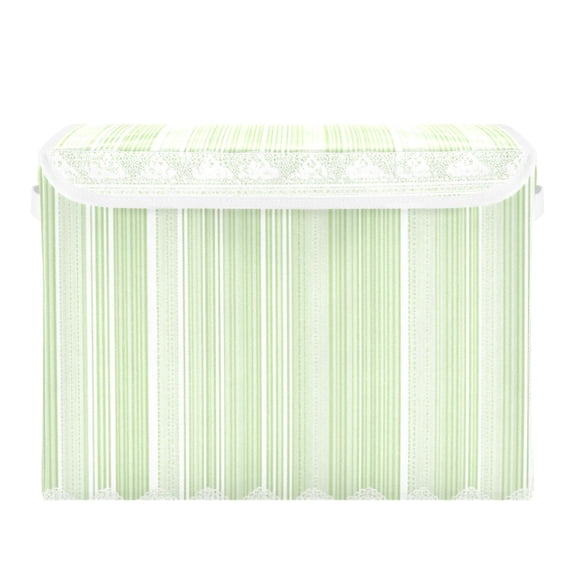 Light Green Stripes with White Lace Foldable Storage Bins with Lids Handles Collapsible Storage Containers Tote Boxes 16.5 x 12.6 x 11.8 inches