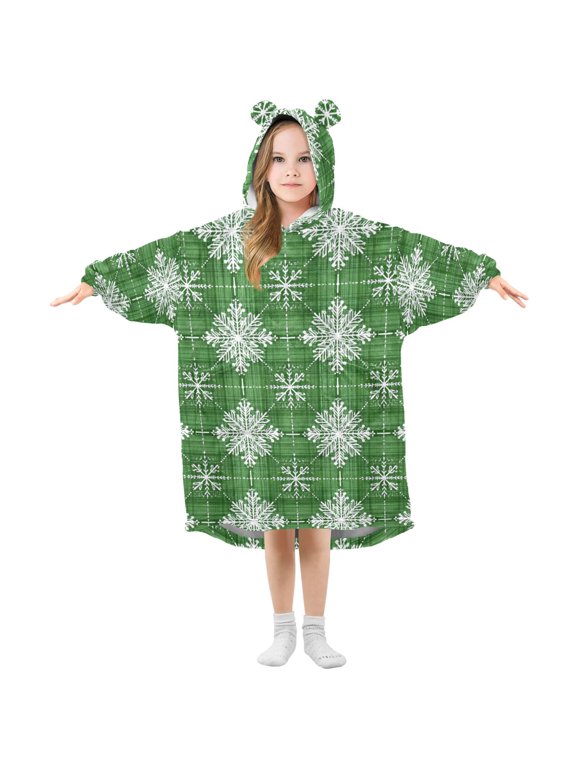 Light Green Tartan Plaid Snowflakes Christmas Flannel Wearable Blankets Hooded Design Long Sleeves Wrap Unisex for 3T-14Y S