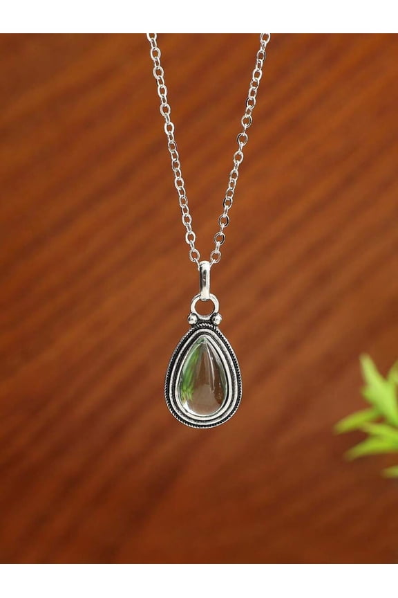 Light Green Teardrop Pendant Necklace With Silvertone Setting
